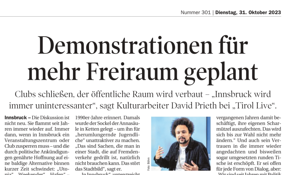Interview „Tirol Live“ (30.11.23) und Beitrag Tiroler Tageszeitung (31.11.23)